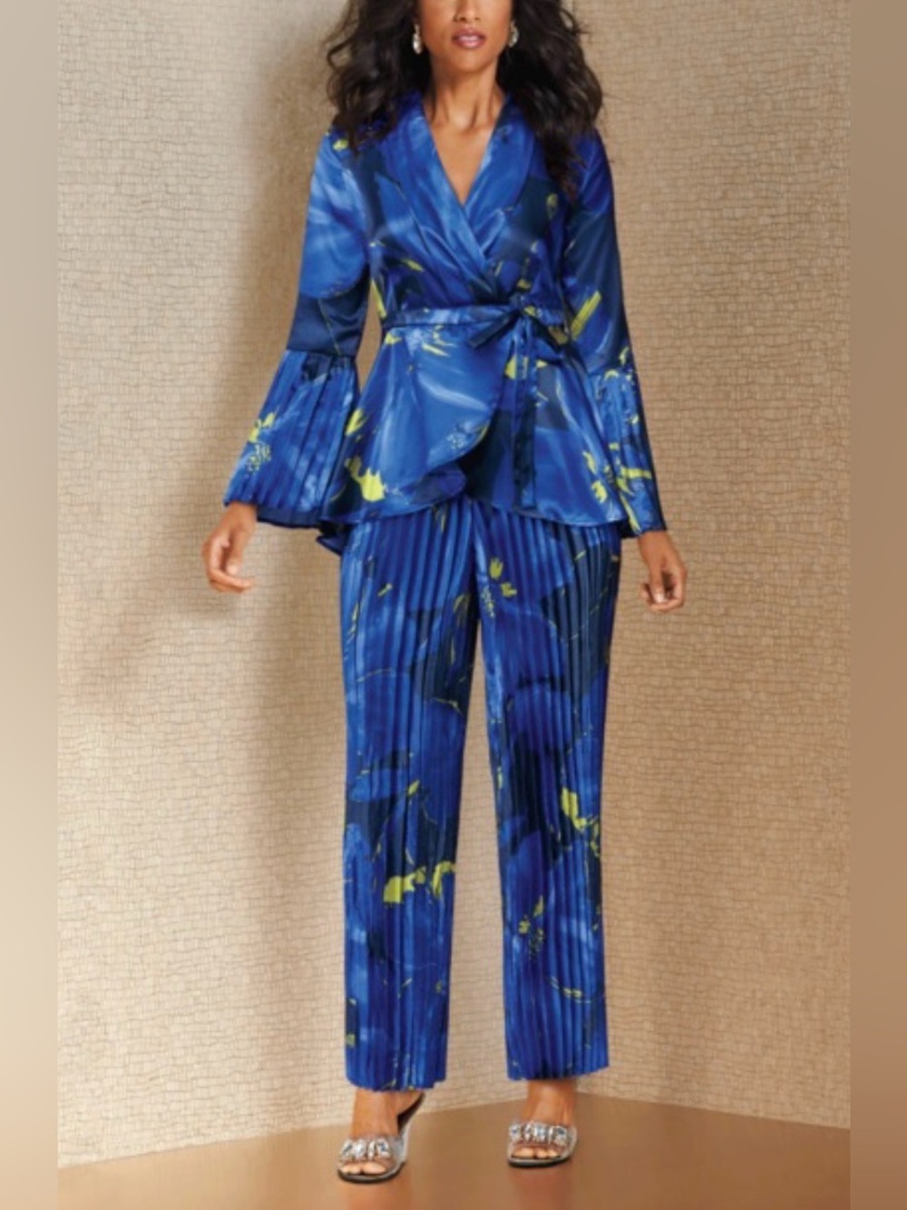 ASHRO Mazarine Pleated Wide-Leg Pant Outfit with Tie-Waist Top Blue XL NWOT